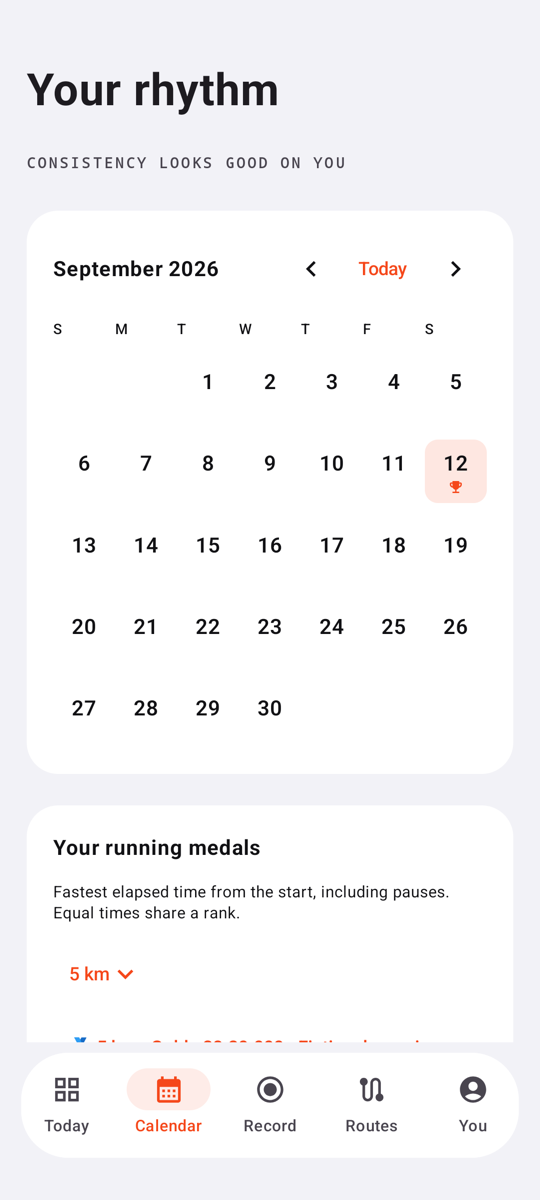 TempusMeter Calendar on Android with a fictional September activity and running medals