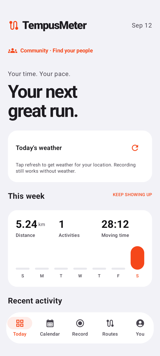 TempusMeter Today on Android with fictional weekly activity totals and an idle Tap to refresh weather prompt