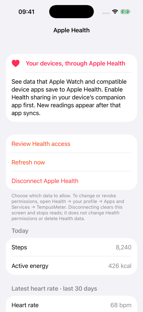 Apple Health screen in the iOS app showing fictional steps, active energy and a saved heart-rate reading