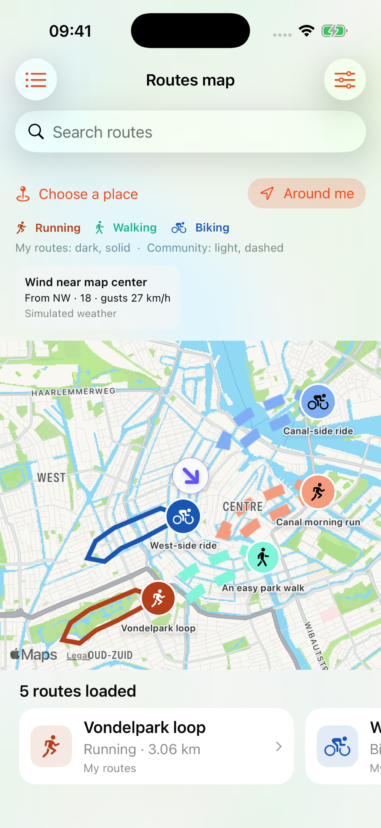 TempusMeter iOS Apple Maps view of private and Community routes in Amsterdam, with activity colors, distinct source shades and simulated wind direction on the map