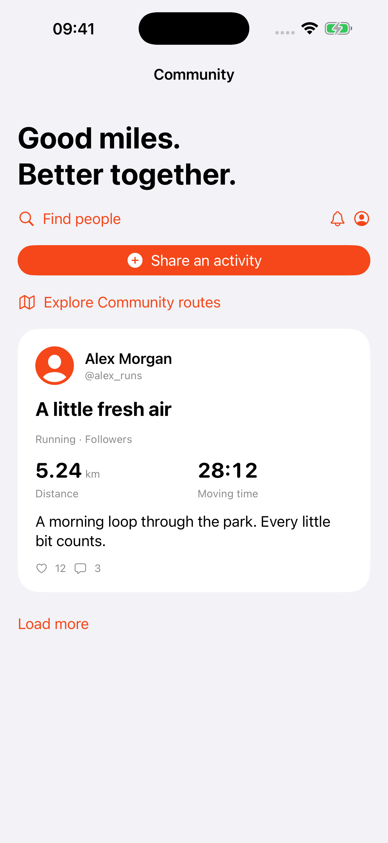 TempusMeter Community feed on iOS with fictional activity posts