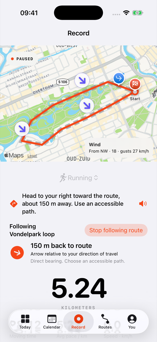 TempusMeter Record on iOS with a fictional 5.24 km run, wind arrows on Apple Maps and guidance back to the Vondelpark loop