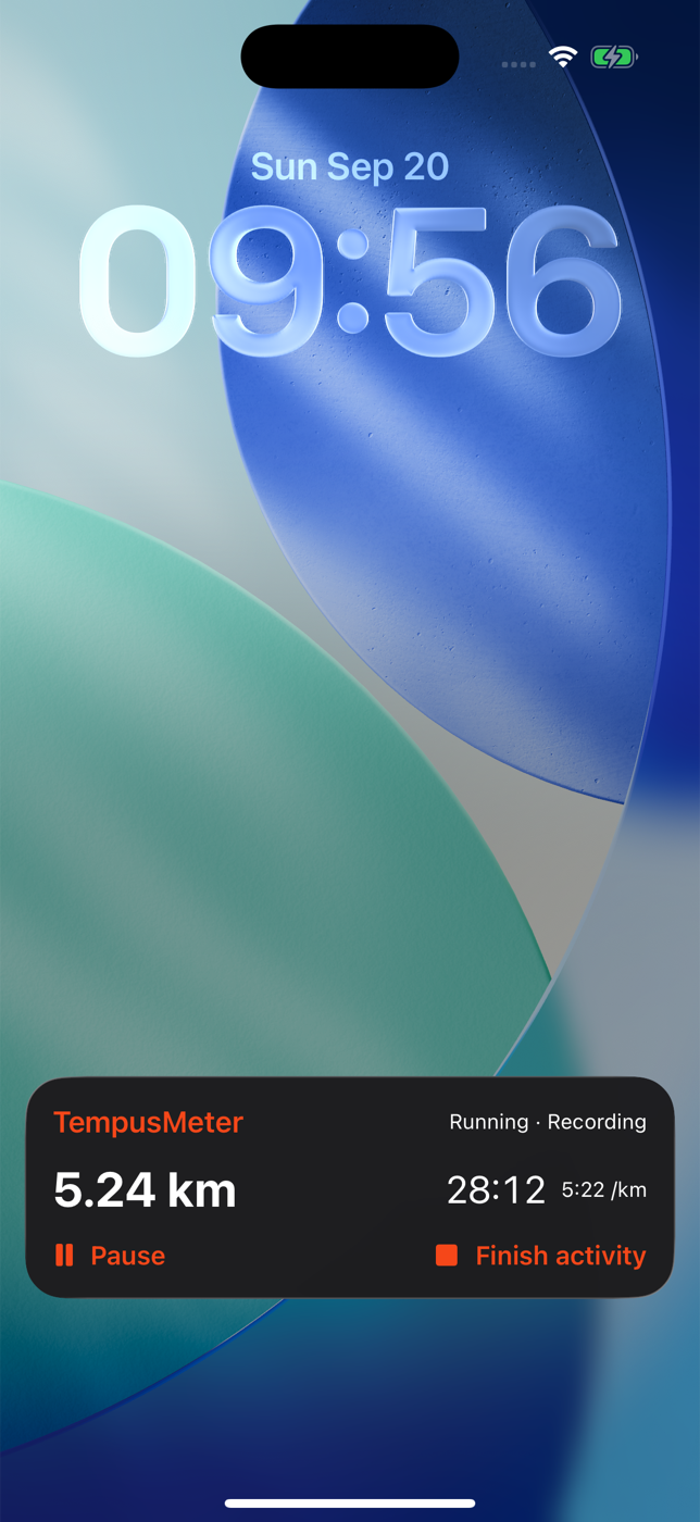 TempusMeter iOS Lock Screen Live Activity showing a fictional run with distance, moving time, pace, Pause and Finish activity controls