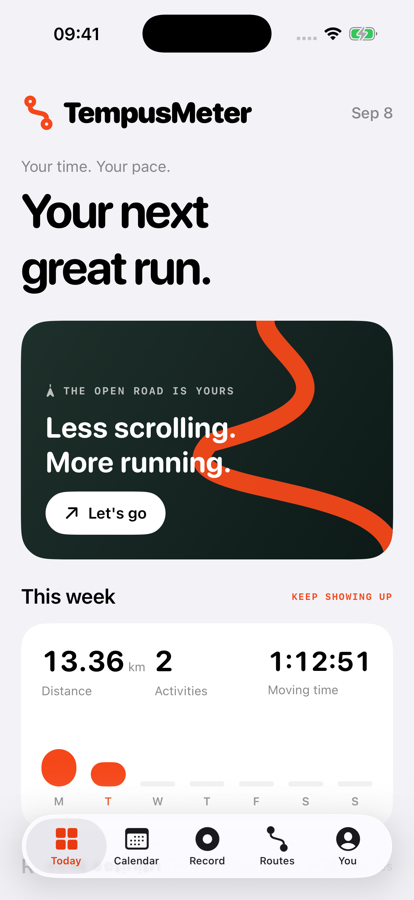 TempusMeter Today screen with simulated weekly activity totals