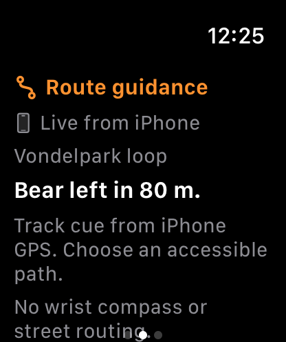TempusMeter watchOS companion showing a fictional route cue from iPhone
